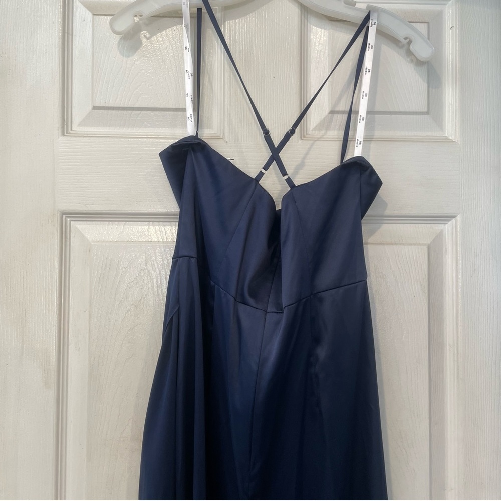 David’s Bridal Navy Bridesmaid Dress Cowl Neck Slit | Size 8 | STYLE# DS270091 - Picture 5 of 8